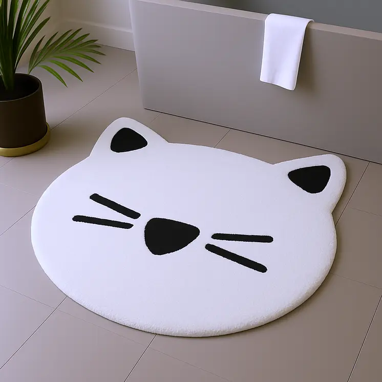 32" White And Black Cotton Kitty Cat Shaped Youthful Bath Rug
