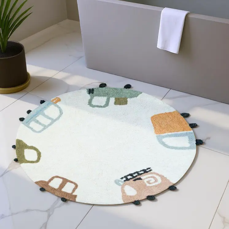 32" White Blue And Green Cotton Cars Round Youthful Bath Rug