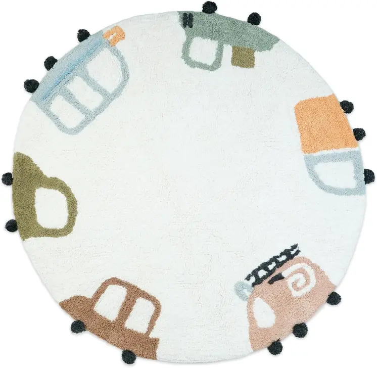 32" White Blue And Green Cotton Cars Round Youthful Bath Rug