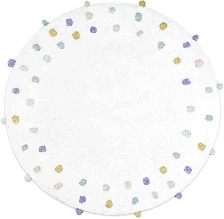 32" White Green And Purple Cotton Round Polka Dots Bath Rug