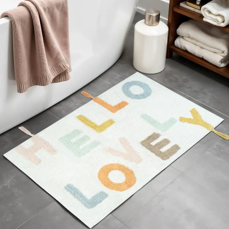 32" Blue White And Yellow Cotton Hello Lovely Youthful Bath Rug