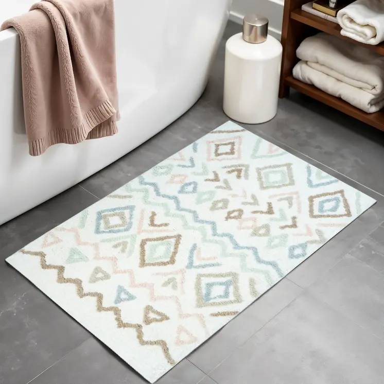 32" White Blue Green And Brown Cotton Geometric Bath Rug