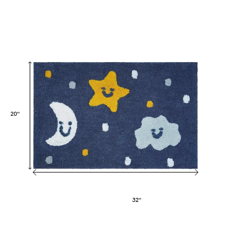 32" Blue Yellow And White Cotton Clouds and Stars Youthful Bath Rug