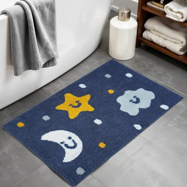 32" Blue Yellow And White Cotton Clouds and Stars Youthful Bath Rug
