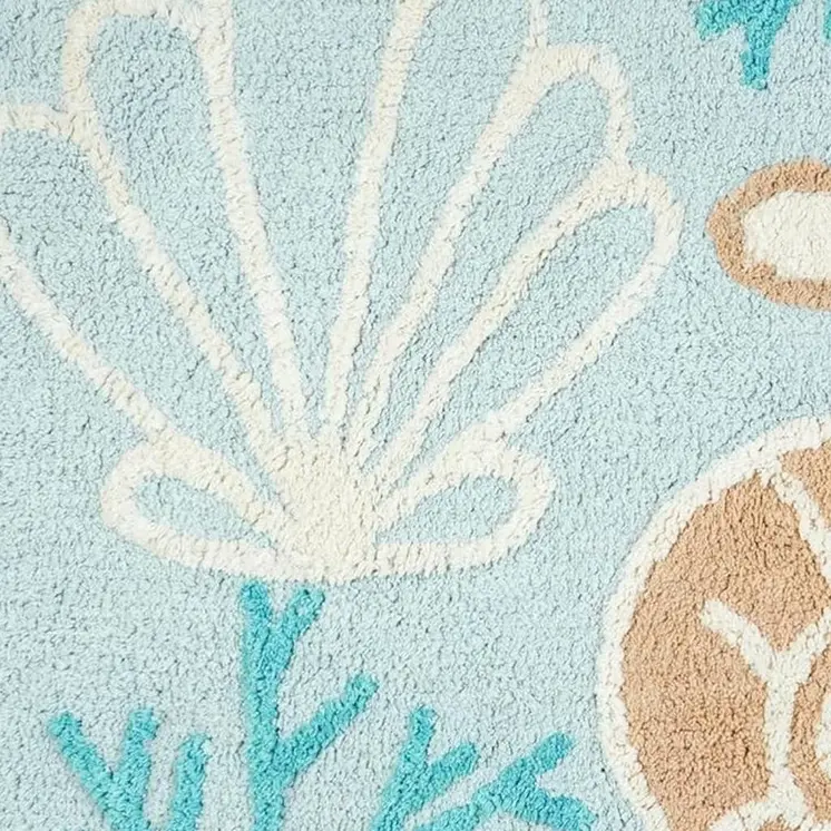 32" Aqua Blue Tan And White Cotton Seashells And Coral Bath Rug