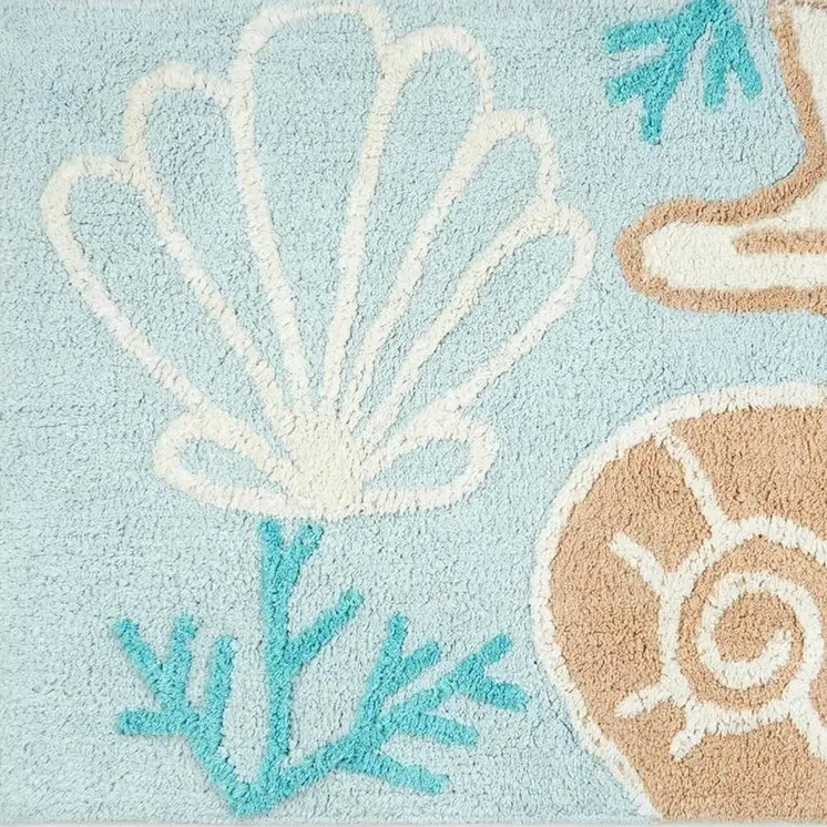 32" Aqua Blue Tan And White Cotton Seashells And Coral Bath Rug