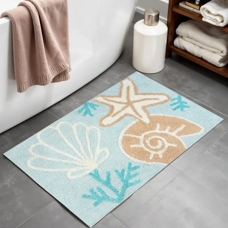 32" Aqua Blue Tan And White Cotton Seashells And Coral Bath Rug