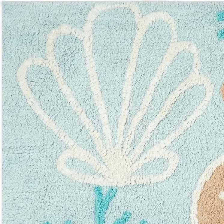 32" Aqua Blue Tan And White Cotton Seashells And Coral Bath Rug