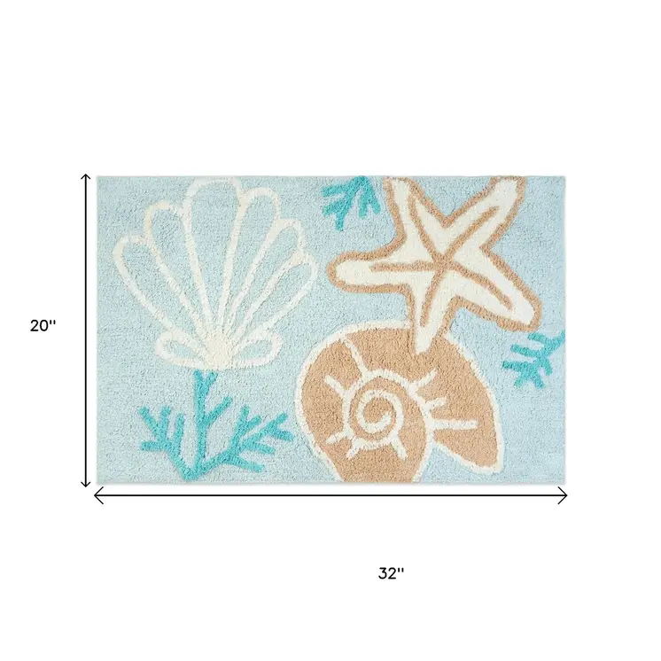 32" Aqua Blue Tan And White Cotton Seashells And Coral Bath Rug