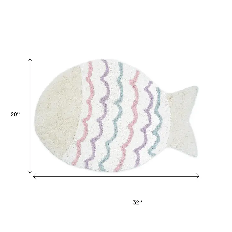 32" White Pink And Purple Cotton Fish Shaped Youthful Bath Rug