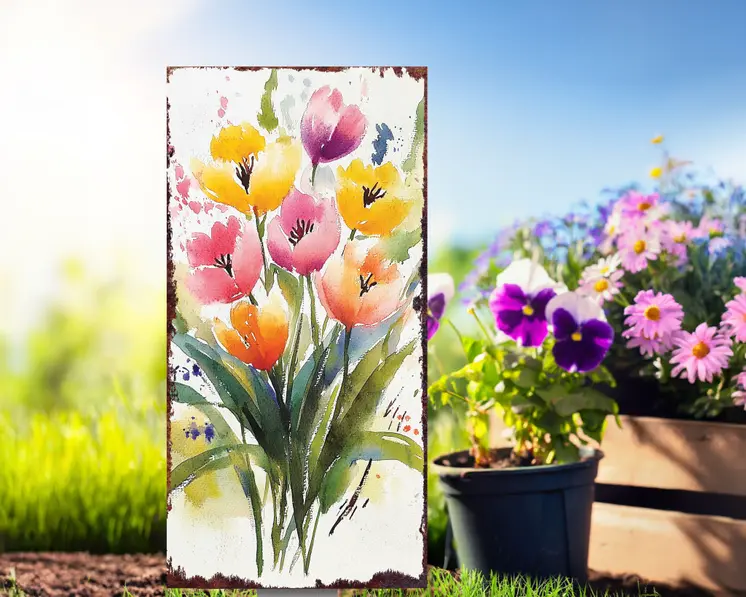 10" Green Pink White And Yellow Solid Wood Tulips Garden Stake