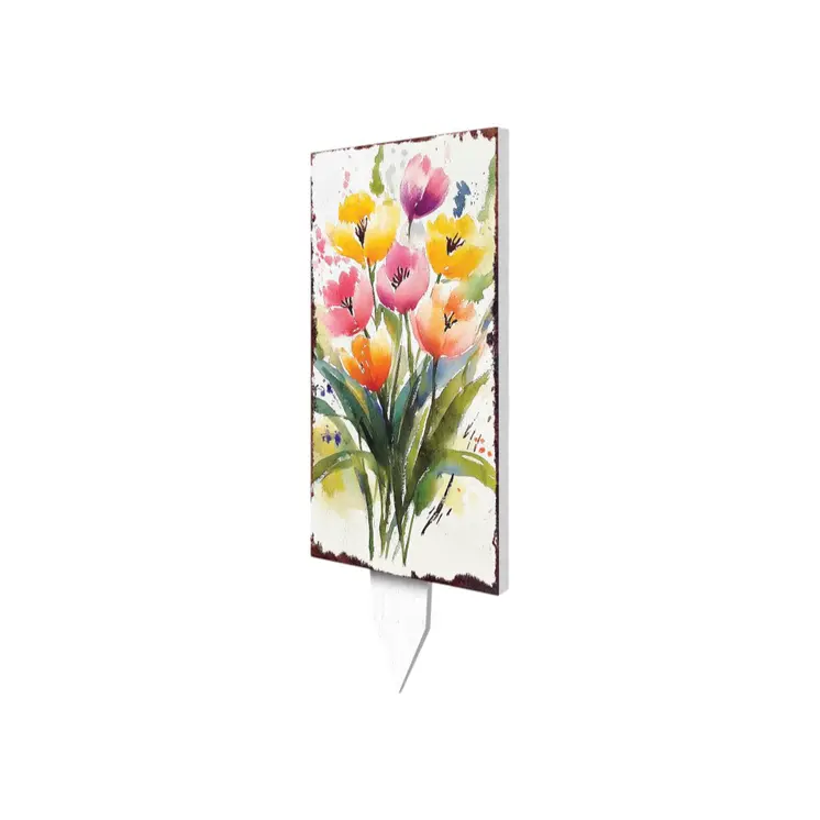 10" Green Pink White And Yellow Solid Wood Tulips Garden Stake