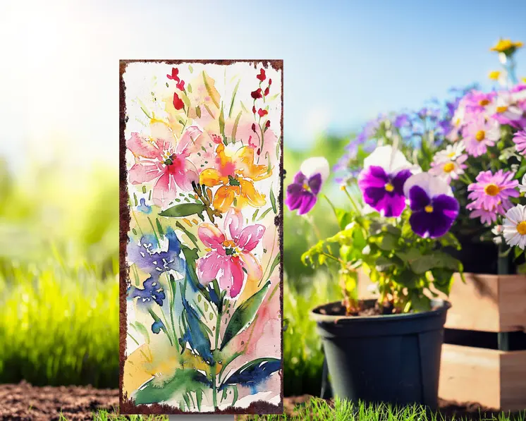10" Pink Purple White And Yellow Solid Wood Wildflowers Garden Stake
