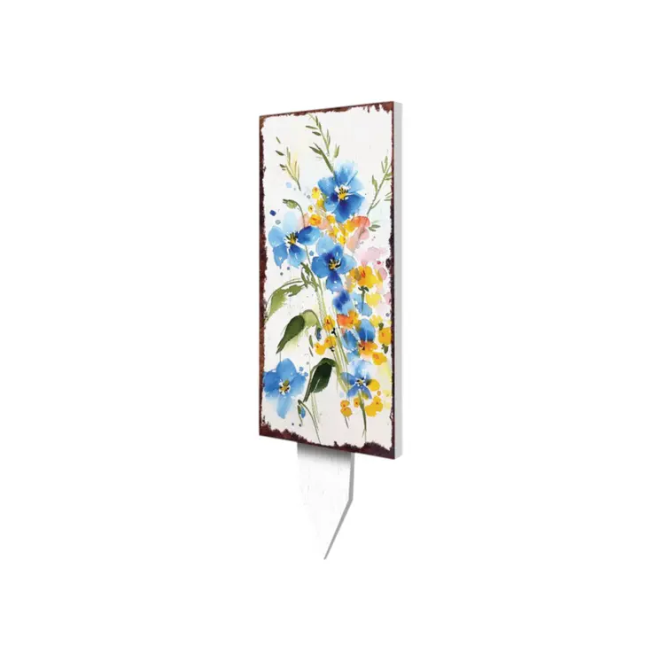 10" Blue White And Yellow Solid Wood Wildflowers Garden Stake