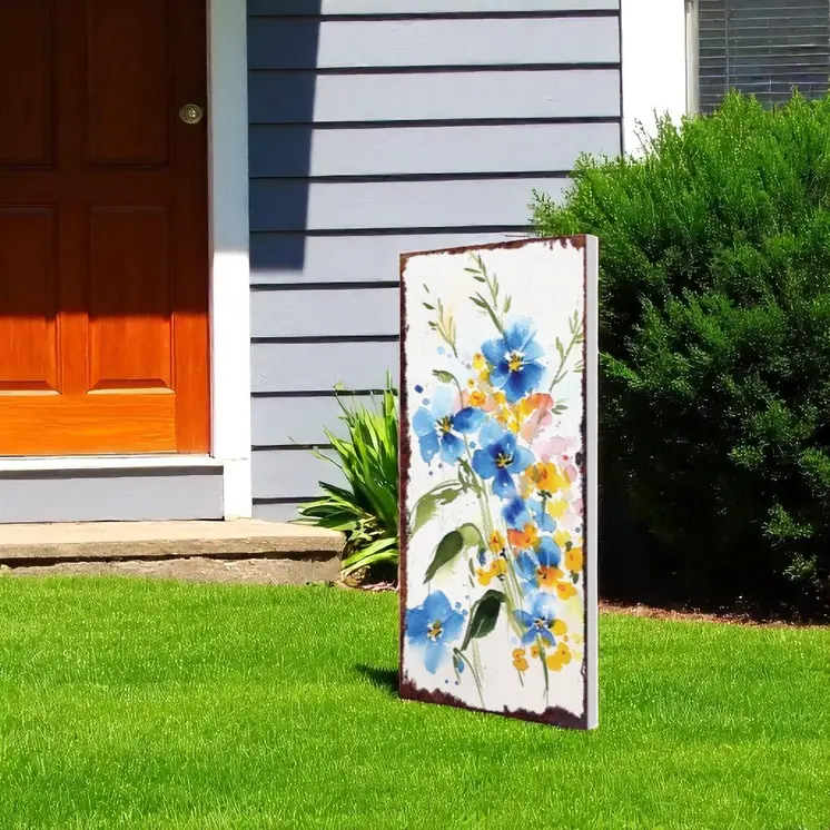 10" Blue White And Yellow Solid Wood Wildflowers Garden Stake