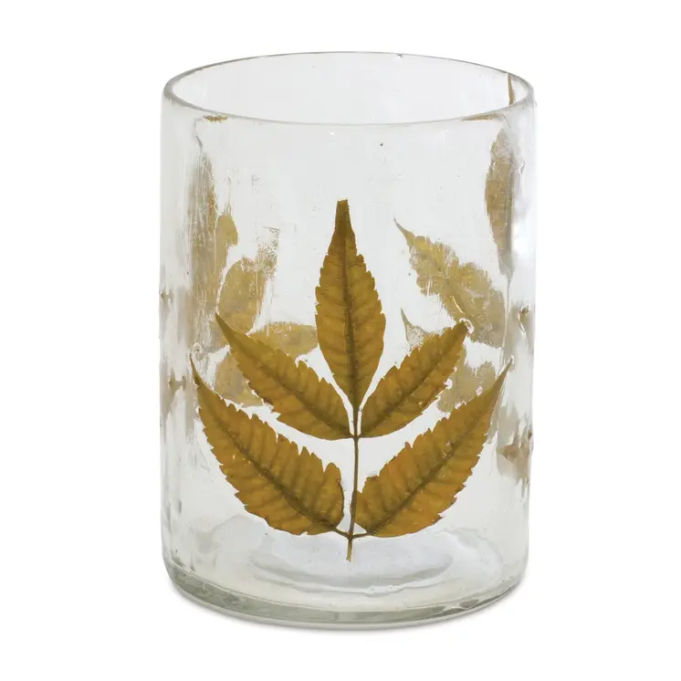 Set of Three Brown Distressed Botanical Leaf Glass Tabletop Hurricane Candle Holders