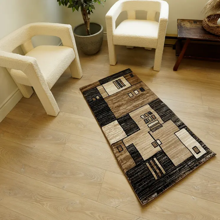 6' Brown And Beige Geometric Runner Rug