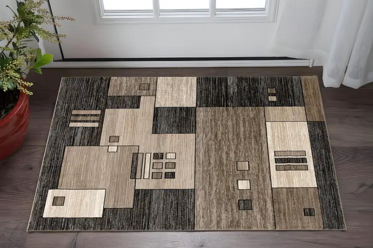 2' X 5' Brown And Beige Geometric Area Rug