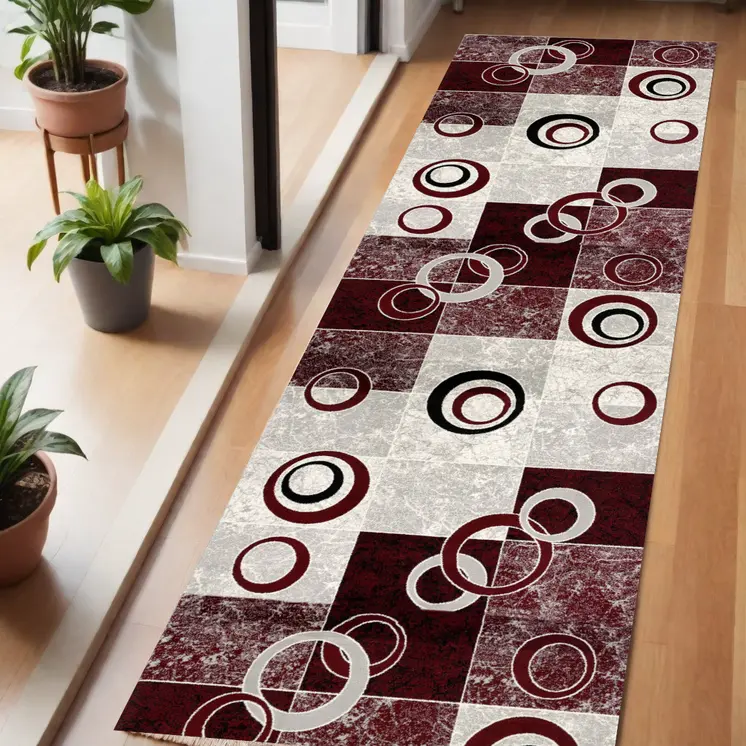 6' Red And Gray Geometric Runner Rug