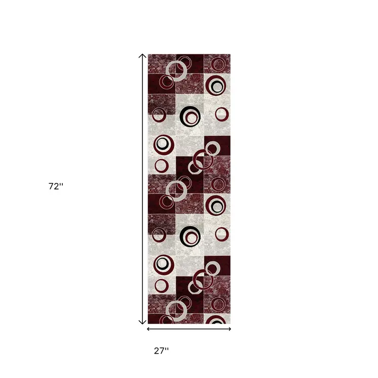 6' Red And Gray Geometric Runner Rug