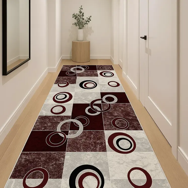 12' Red And Gray Geometric Runner Rug