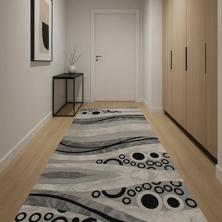 12' Gray And Black Geometric Runner Rug