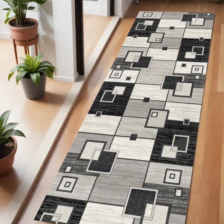 6' Gray And Black Geometric Runner Rug