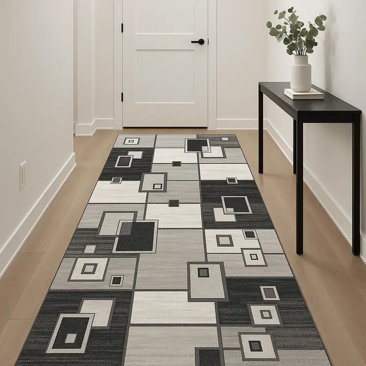 12' Gray And Black Geometric Runner Rug