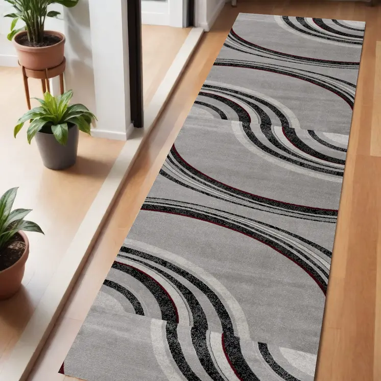 6' Gray And Black Abstract Runner Rug