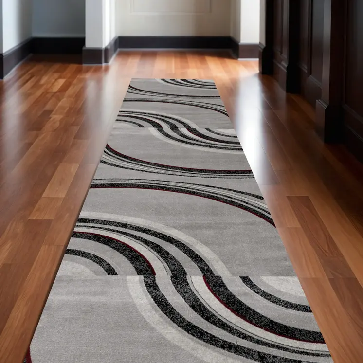 12' Gray And Black Abstract Runner Rug