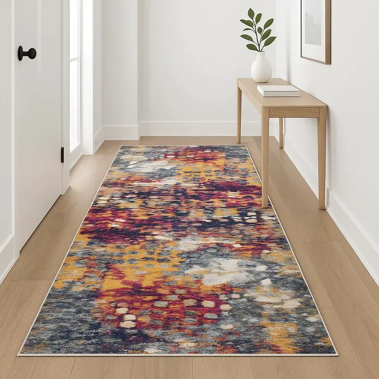 18' Yellow And Blue Abstract Runner Rug