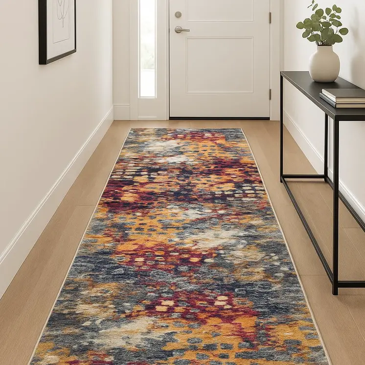 12' Yellow And Blue Abstract Runner Rug