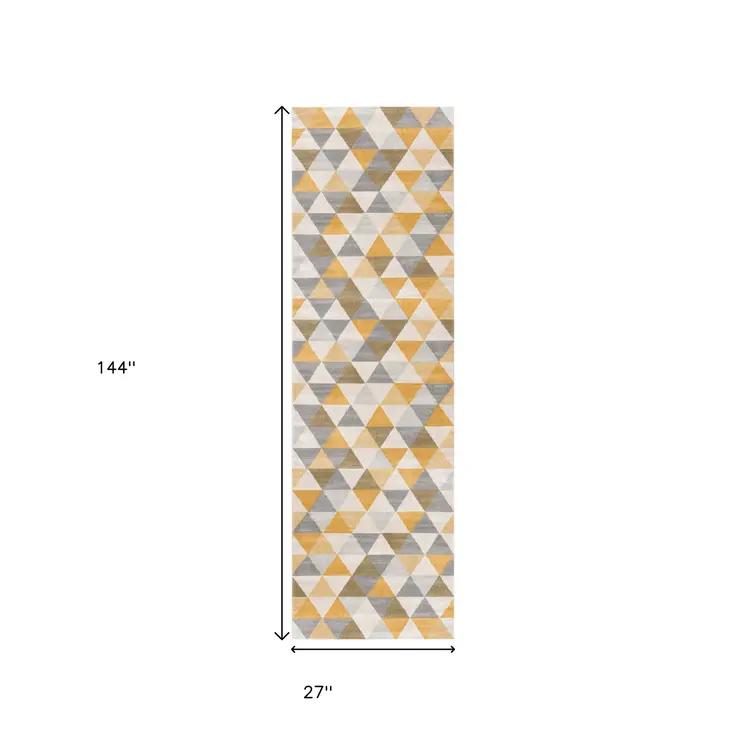 12' Yellow And Beige Abstract Runner Rug