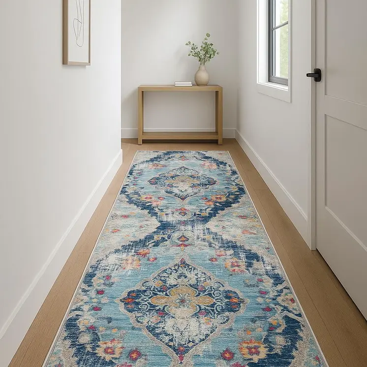 18' Blue And Gray Abstract Runner Rug