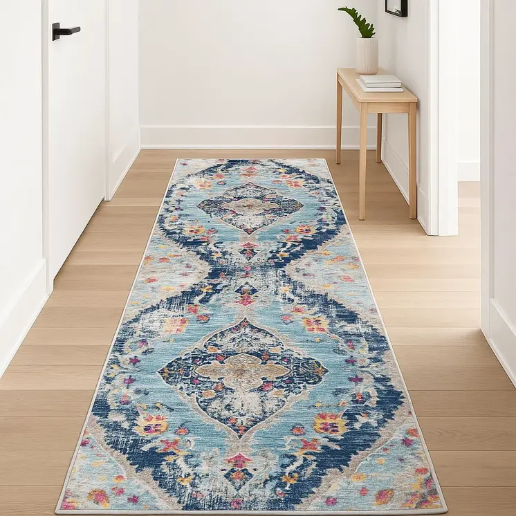 12' Blue And Gray Abstract Runner Rug