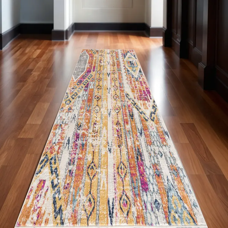 12' Yellow And Beige Abstract Runner Rug