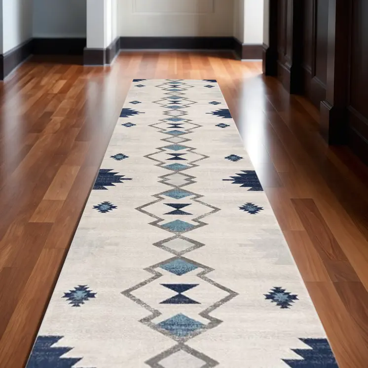 12' Blue And Beige Abstract Runner Rug