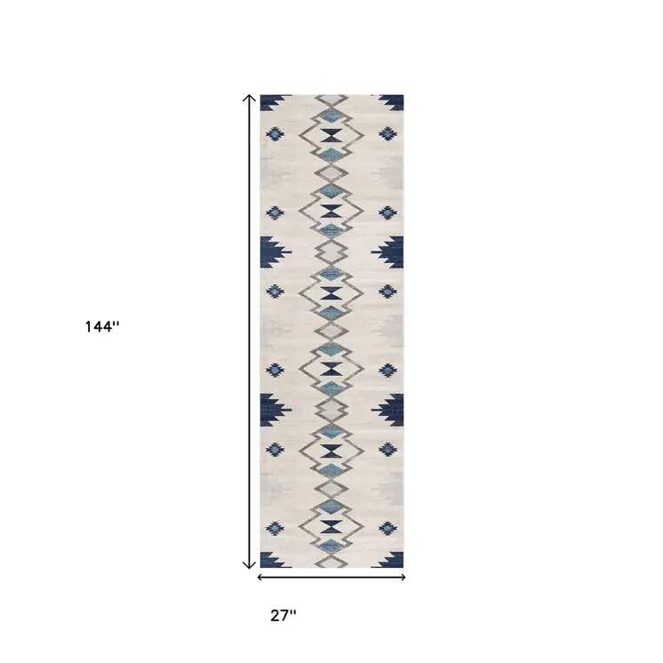 12' Blue And Beige Abstract Runner Rug