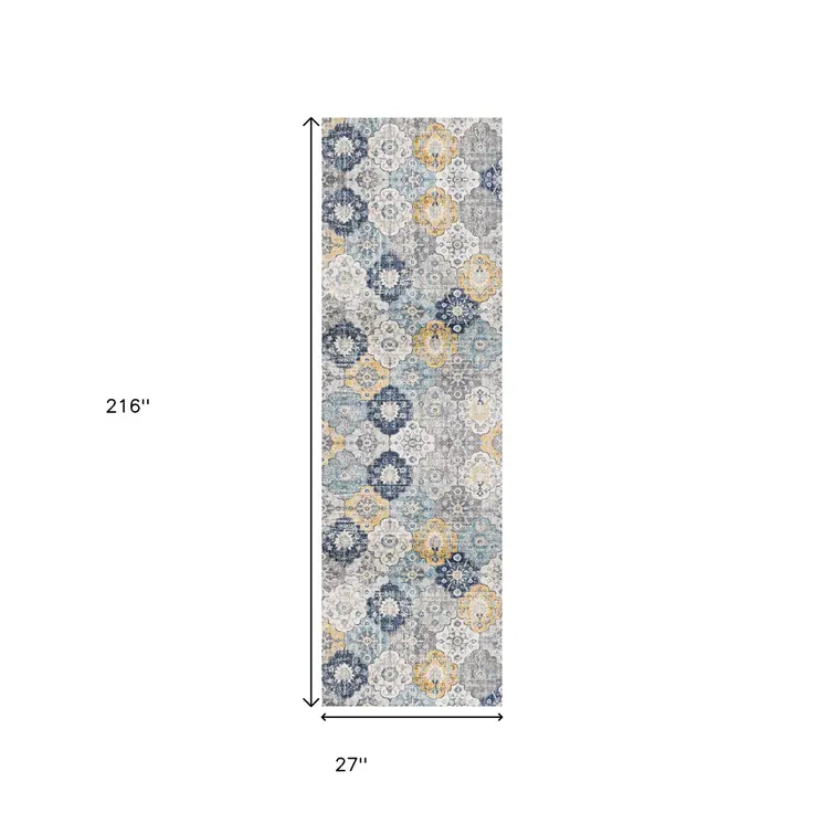 18' Blue And Gray Abstract Runner Rug