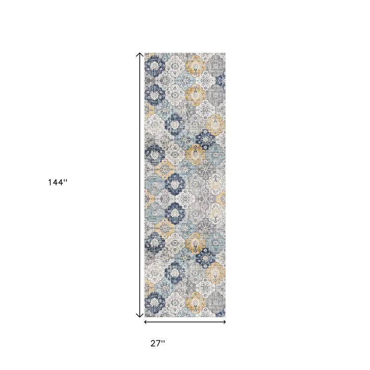 12' Blue And Gray Abstract Runner Rug