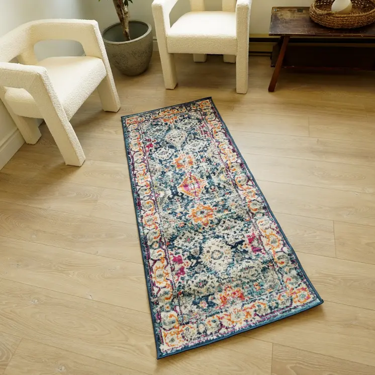 18' Blue And Beige Southwestern Runner Rug