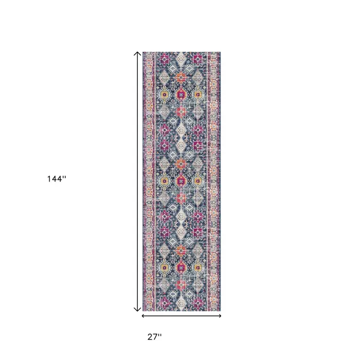 12' Blue And Beige Southwestern Runner Rug