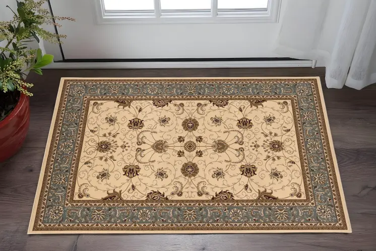2' X 5' Beige And Blue Oriental Area Rug