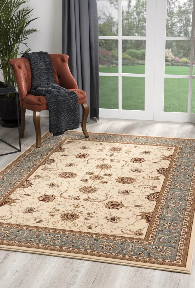 2' X 5' Beige And Blue Oriental Area Rug