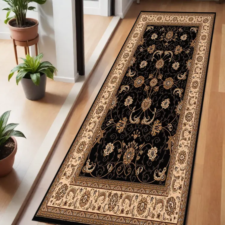 6' Beige And Black Oriental Runner Rug