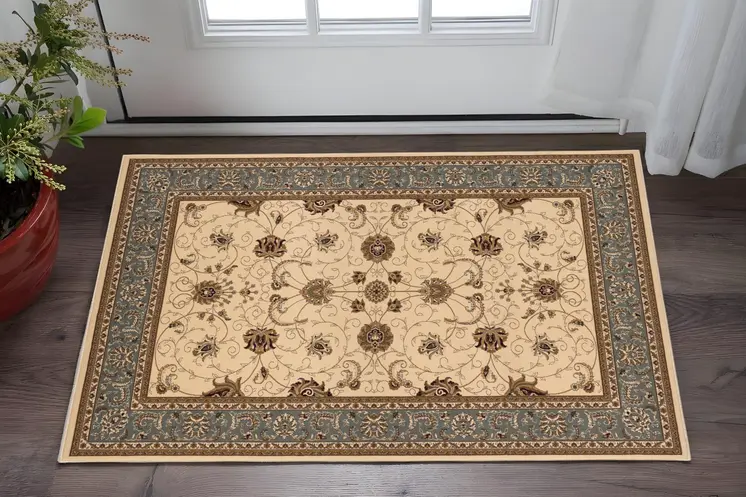 2' X 5' Beige And Black Oriental Area Rug