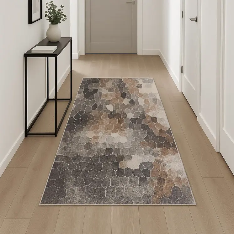 18' Blue And Beige Geometric Runner Rug