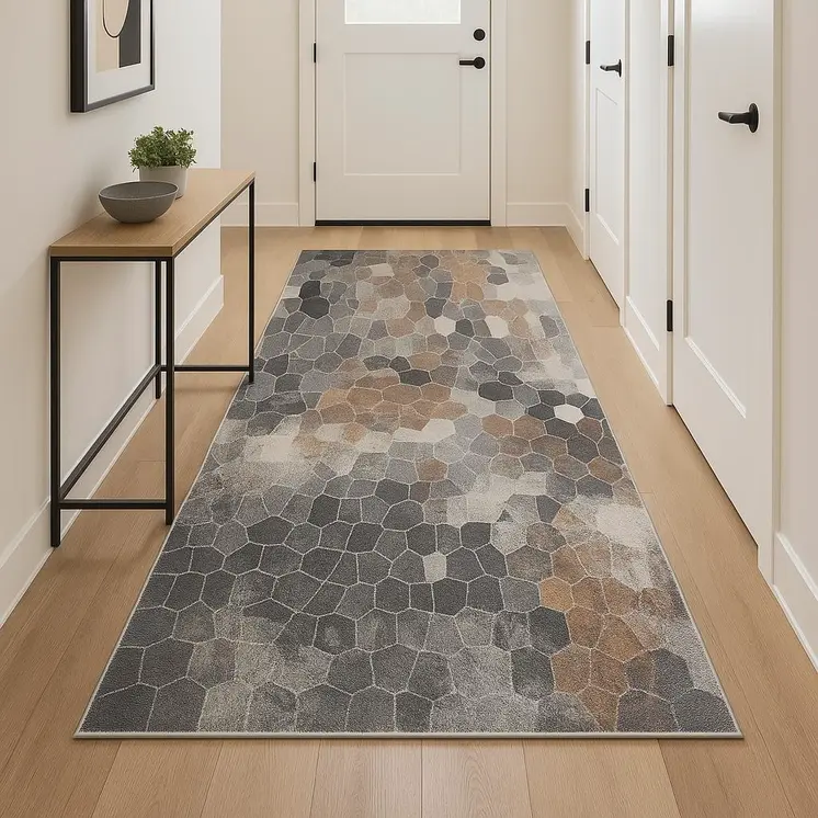 18' Gray And Beige Geometric Runner Rug