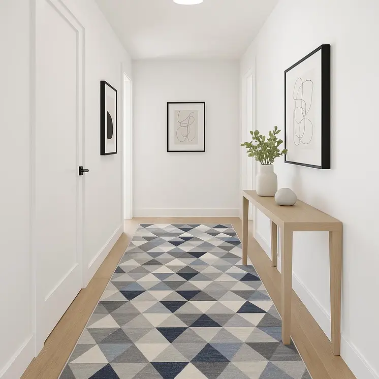 12' Blue And Beige Geometric Runner Rug