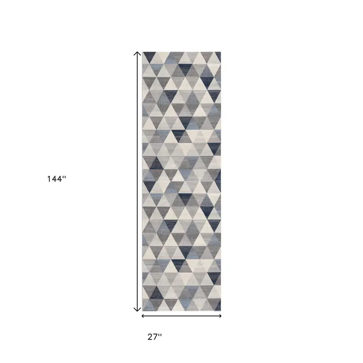 12' Blue And Beige Geometric Runner Rug
